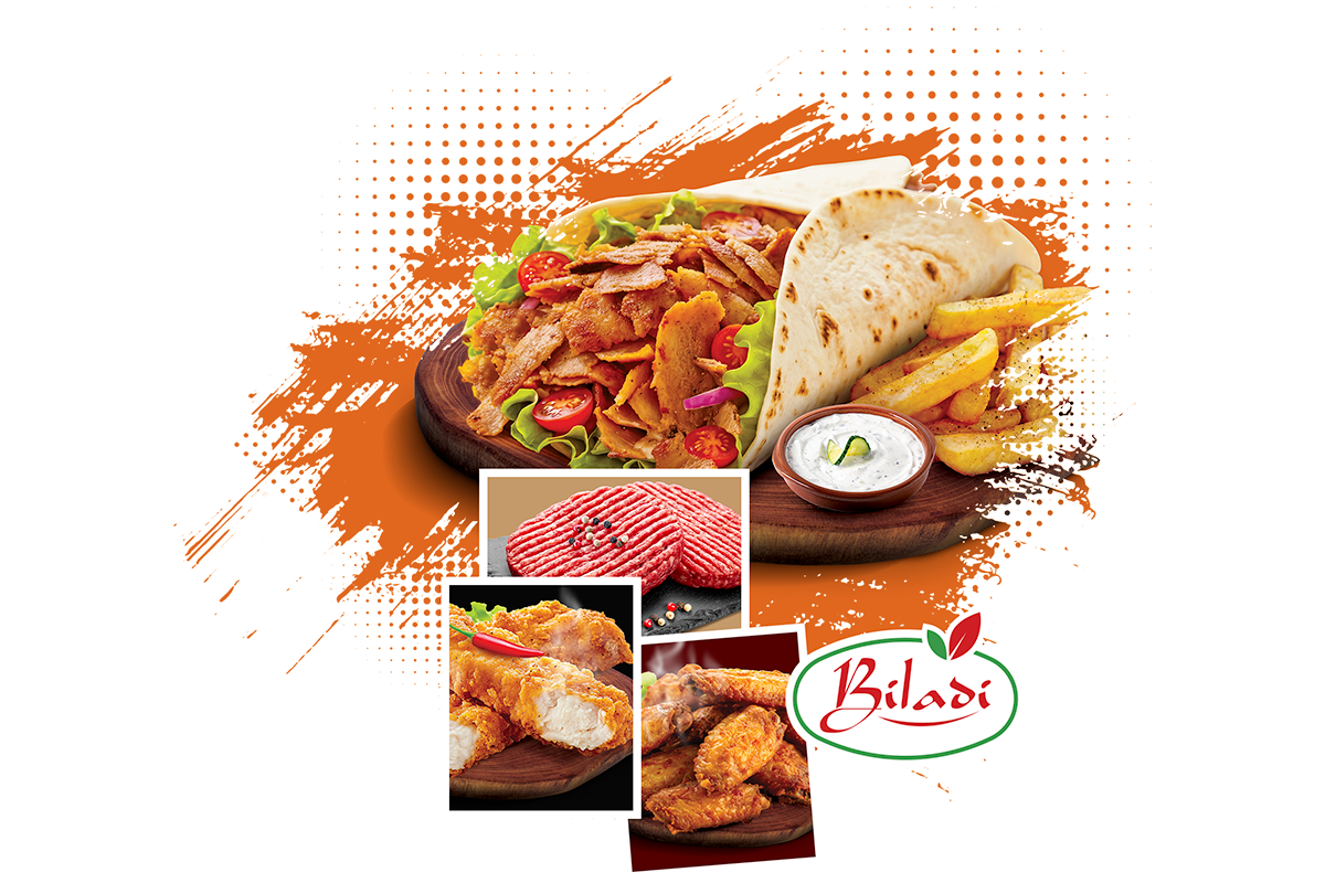 Composition de plats Biladi : viandes halal, tortillas et garnitures