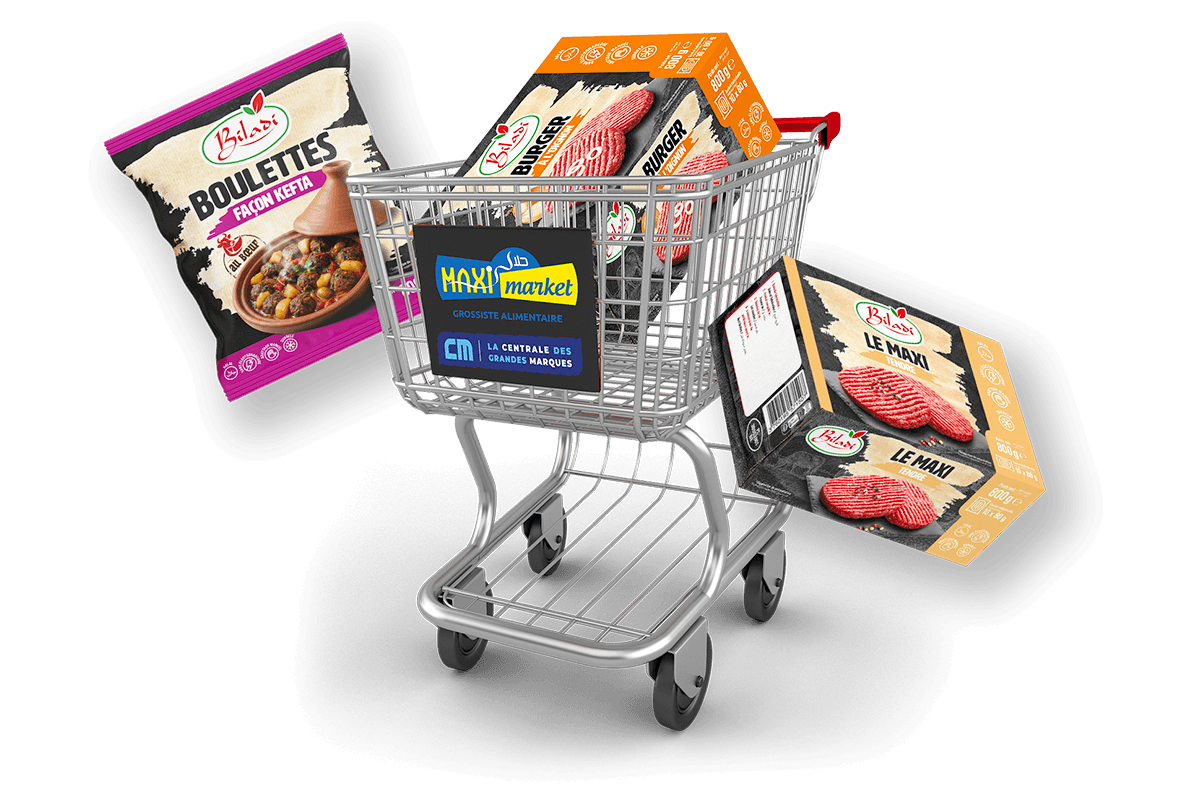 Caddie de supermarché rempli de produits Biladi
